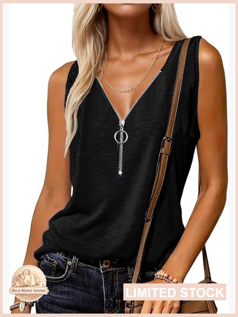 V Neck Half Zip Tank Top Sleeveless Casual Flowy Loose Fit Summer Blouse
